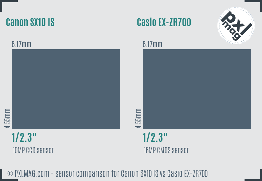 Canon SX10 IS vs Casio EX-ZR700 sensor size comparison