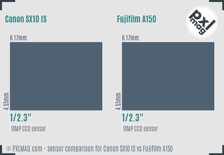 Canon SX10 IS vs Fujifilm A150 sensor size comparison