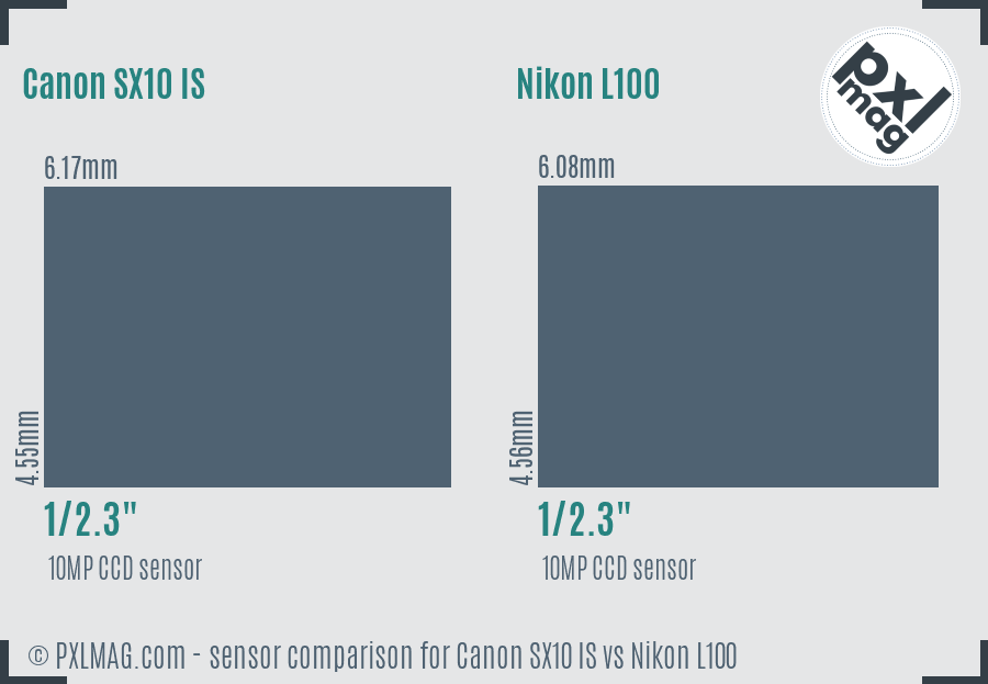 Canon SX10 IS vs Nikon L100 sensor size comparison