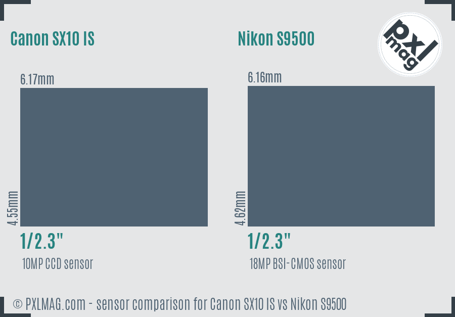 Canon SX10 IS vs Nikon S9500 sensor size comparison
