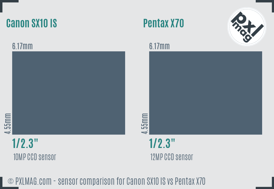 Canon SX10 IS vs Pentax X70 sensor size comparison