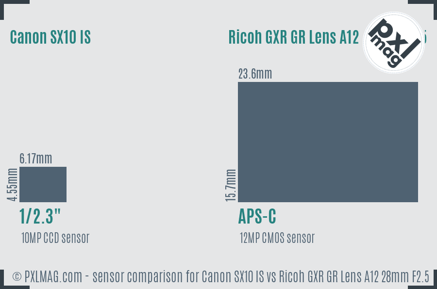 Canon SX10 IS vs Ricoh GXR GR Lens A12 28mm F2.5 sensor size comparison