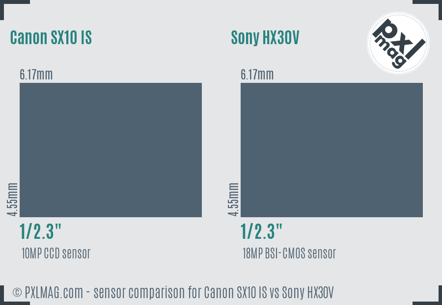 Canon SX10 IS vs Sony HX30V sensor size comparison