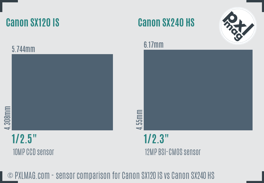 Canon SX120 IS vs Canon SX240 HS sensor size comparison