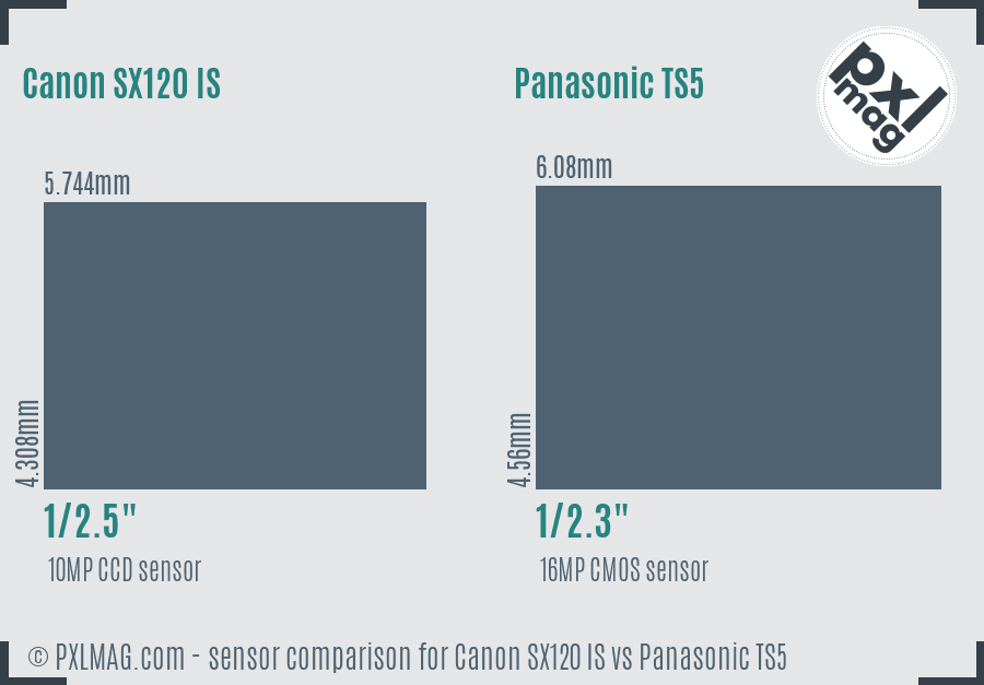 Canon SX120 IS vs Panasonic TS5 sensor size comparison