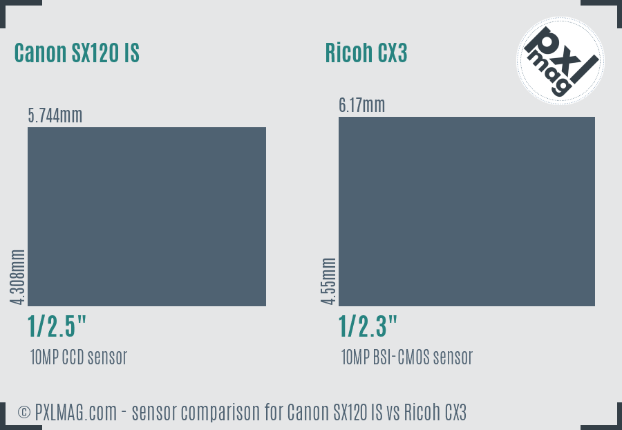 Canon SX120 IS vs Ricoh CX3 sensor size comparison