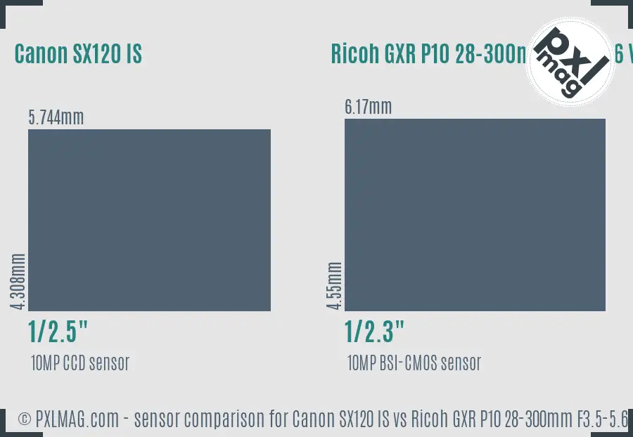 Canon SX120 IS vs Ricoh GXR P10 28-300mm F3.5-5.6 VC sensor size comparison