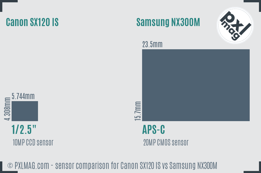 Canon SX120 IS vs Samsung NX300M sensor size comparison