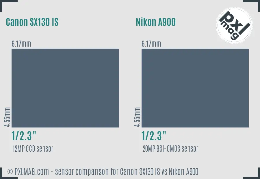 Canon SX130 IS vs Nikon A900 sensor size comparison
