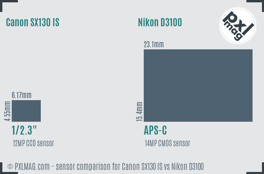 Canon SX130 IS vs Nikon D3100 sensor size comparison