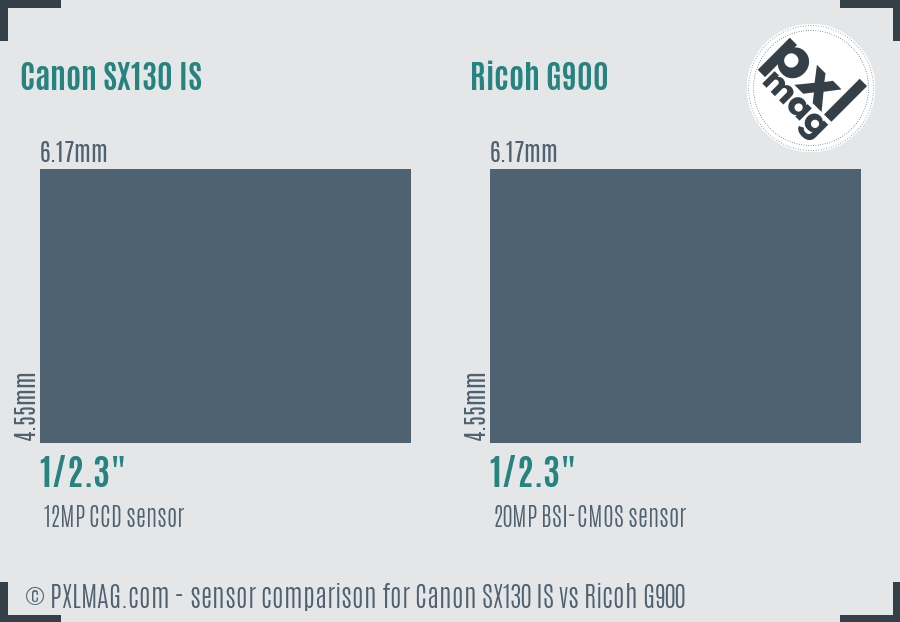 Canon SX130 IS vs Ricoh G900 sensor size comparison