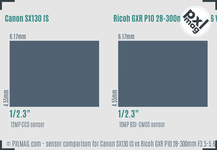 Canon SX130 IS vs Ricoh GXR P10 28-300mm F3.5-5.6 VC sensor size comparison