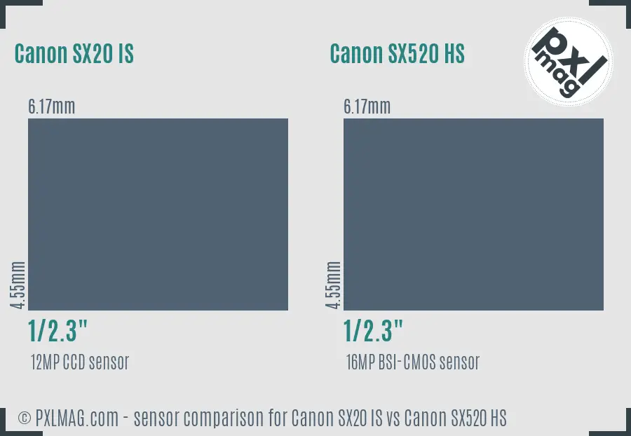 Canon SX20 IS vs Canon SX520 HS sensor size comparison