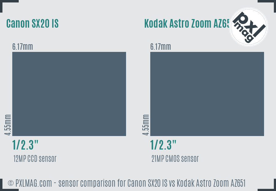 Canon SX20 IS vs Kodak Astro Zoom AZ651 sensor size comparison