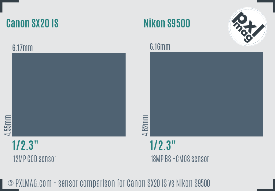 Canon SX20 IS vs Nikon S9500 sensor size comparison