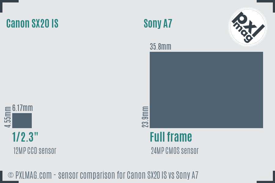 Canon SX20 IS vs Sony A7 sensor size comparison Canon SX20 IS vs Sony A7 sensor size comparison