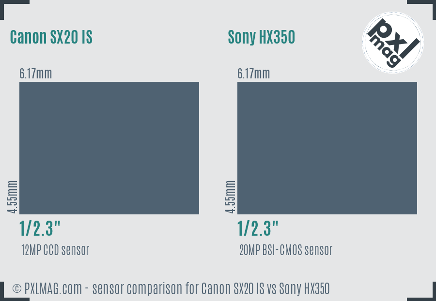 Canon SX20 IS vs Sony HX350 sensor size comparison