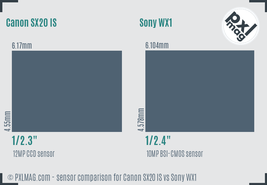 Canon SX20 IS vs Sony WX1 sensor size comparison