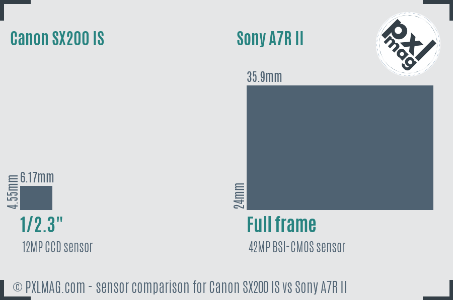 Canon SX200 IS vs Sony A7R II sensor size comparison