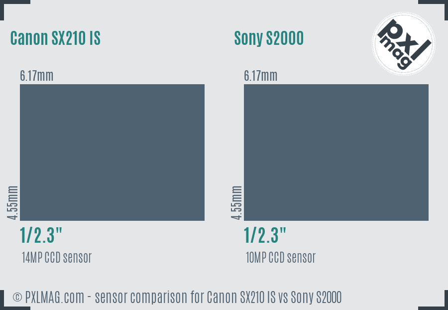 Canon SX210 IS vs Sony S2000 sensor size comparison