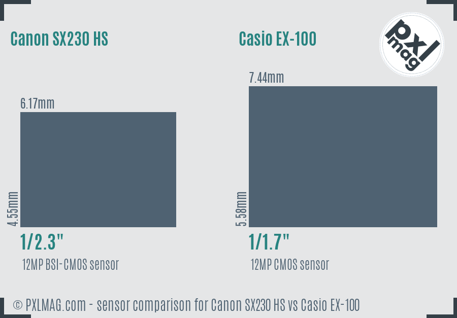 Canon SX230 HS vs Casio EX-100 sensor size comparison