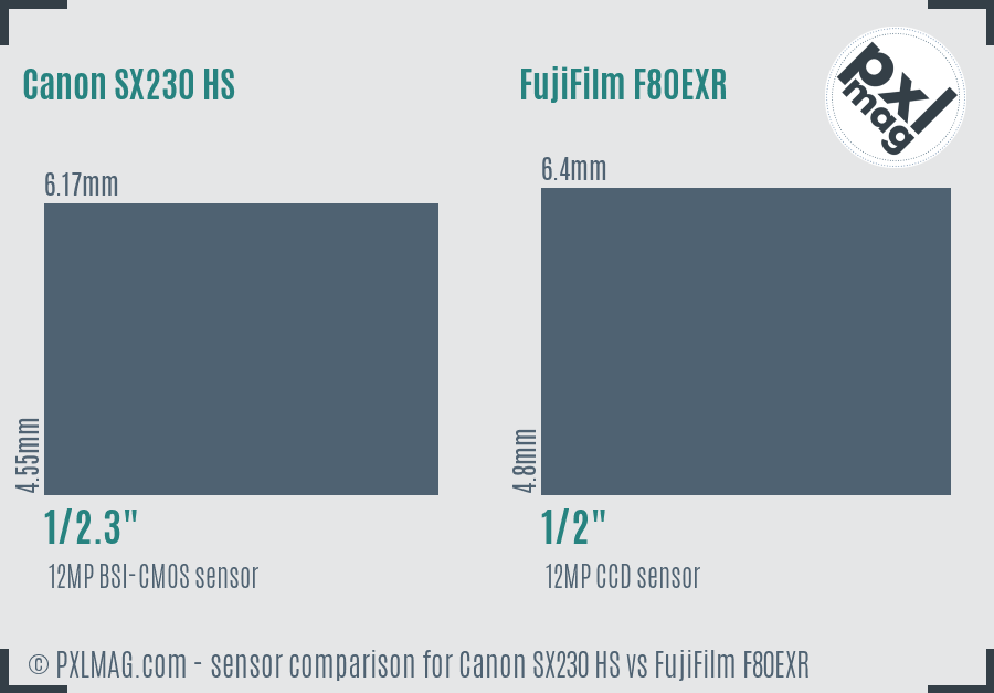 Canon SX230 HS vs FujiFilm F80EXR sensor size comparison