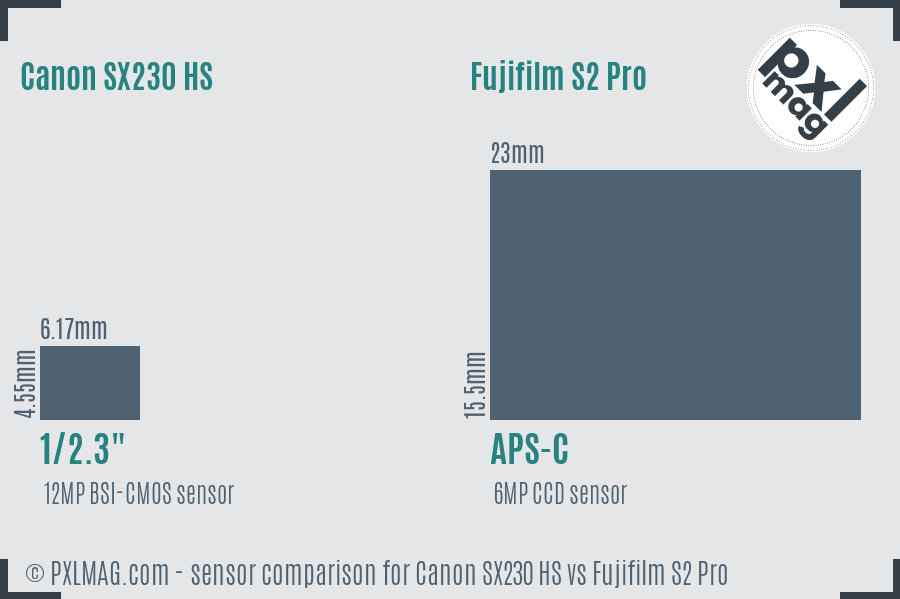 Canon SX230 HS vs Fujifilm S2 Pro sensor size comparison