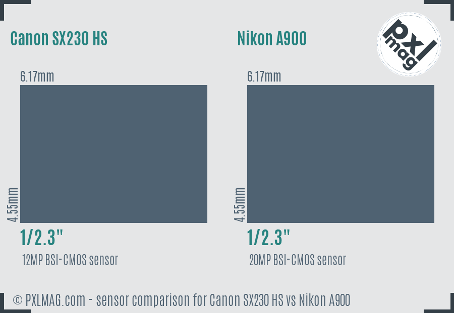 Canon SX230 HS vs Nikon A900 sensor size comparison