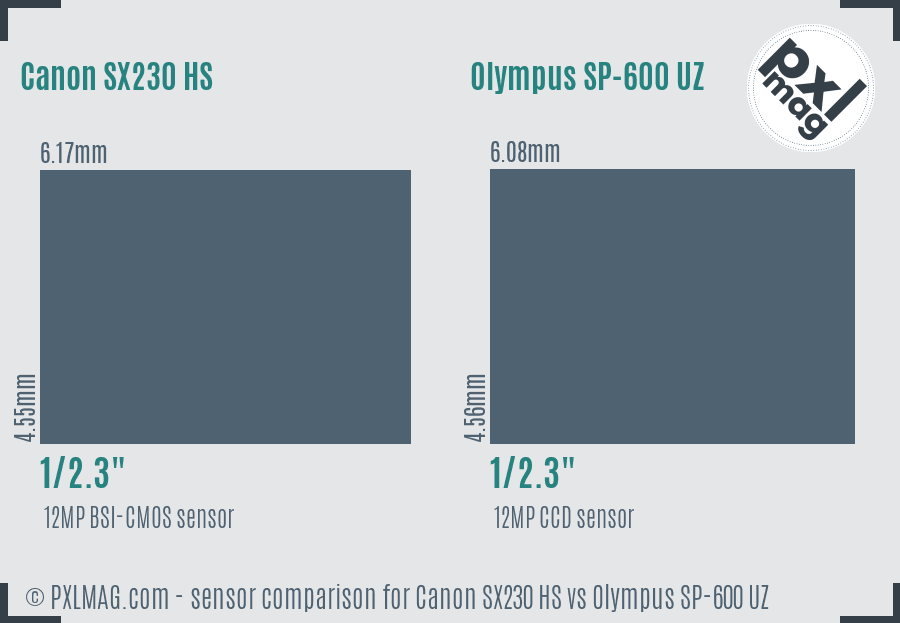 Sensor size comparison between Canon SX230 HS and Olympus SP-600 UZ