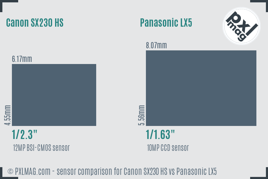 Canon SX230 HS vs Panasonic LX5 sensor size comparison
