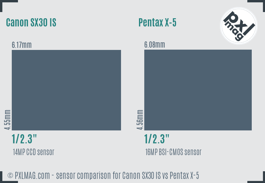 Canon SX30 IS vs Pentax X-5 sensor size comparison