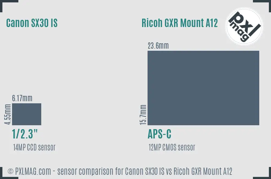 Canon SX30 IS vs Ricoh GXR Mount A12 sensor size comparison