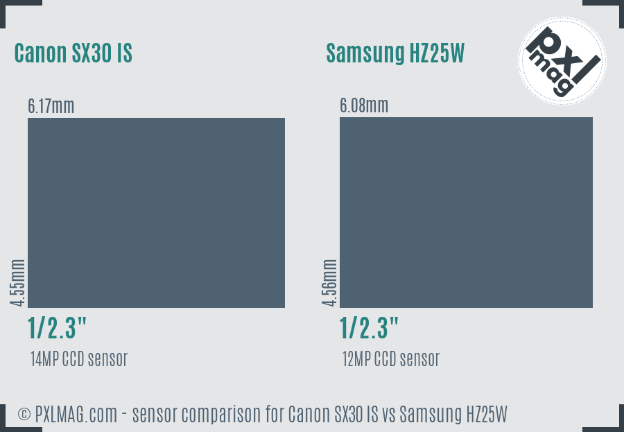 Canon SX30 IS vs Samsung HZ25W sensor size comparison
