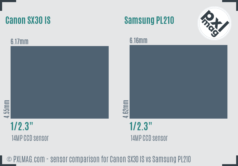Illustration comparing sensor size and dimensions of Canon SX30 IS and Samsung PL210