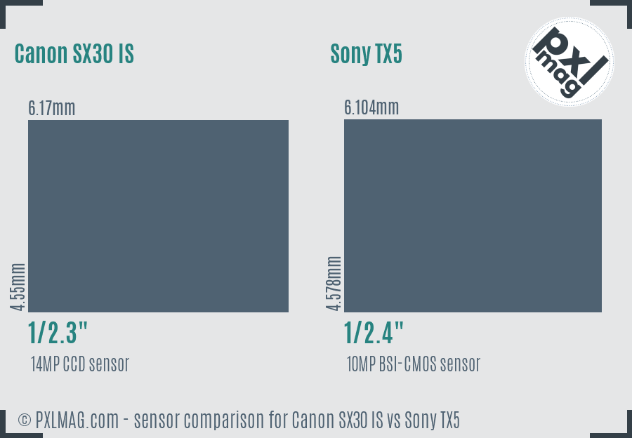 Canon SX30 IS vs Sony TX5 sensor size comparison