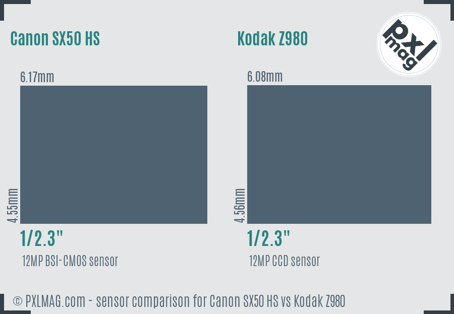 Canon SX50 HS vs Kodak Z980 sensor size comparison