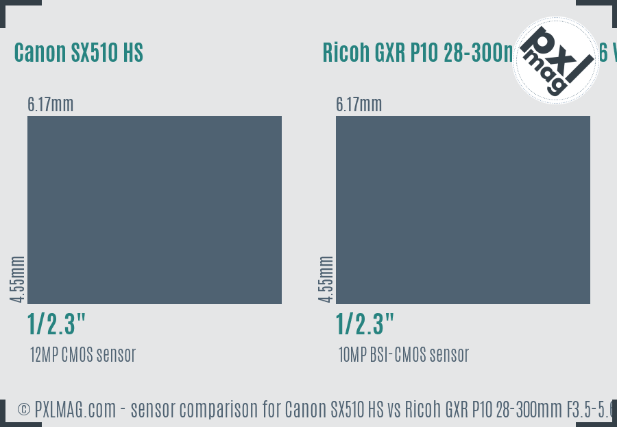 Canon SX510 HS vs Ricoh GXR P10 28-300mm F3.5-5.6 VC sensor size comparison Canon SX510 HS vs Ricoh GXR P10 28-300mm F3.5-5.6 VC sensor size comparison
