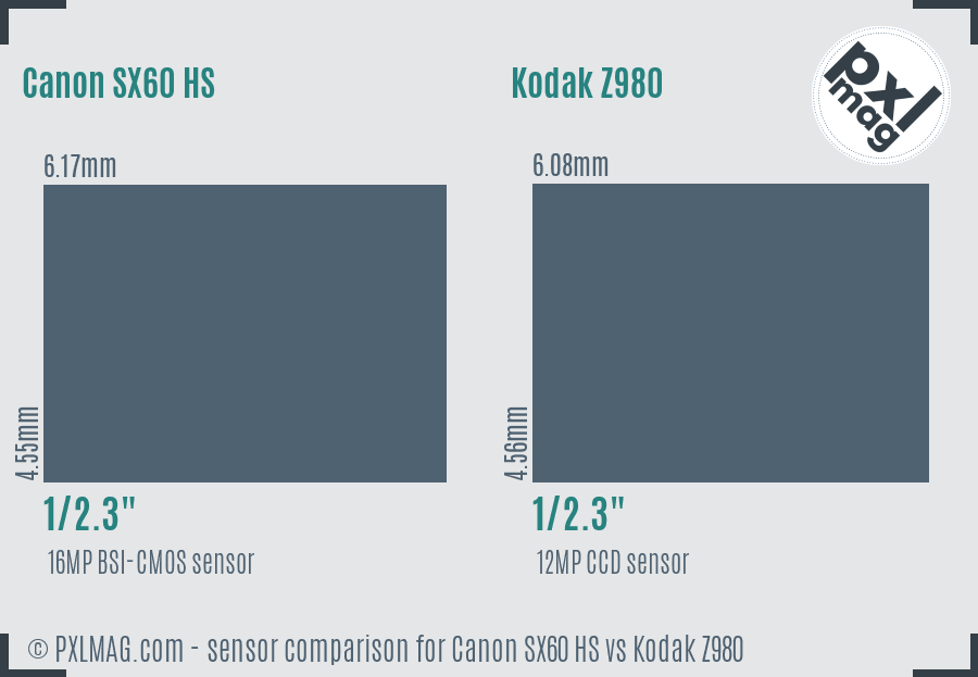 Canon SX60 HS vs Kodak Z980 sensor size comparison