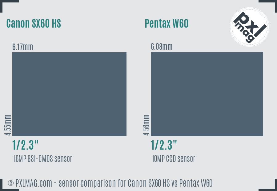 Canon SX60 HS vs Pentax W60 sensor size comparison
