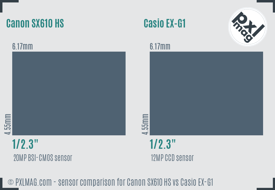 Canon SX610 HS vs Casio EX-G1 sensor size comparison
