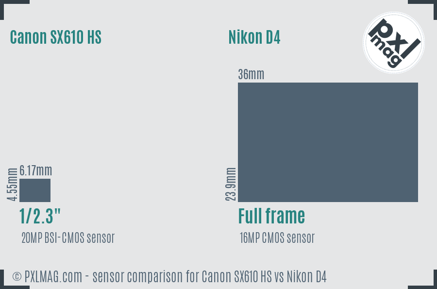 Canon SX610 HS vs Nikon D4 sensor size comparison