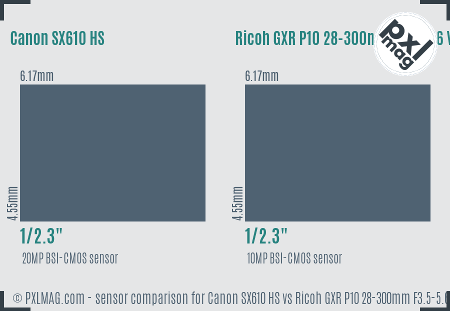 Canon SX610 HS vs Ricoh GXR P10 28-300mm F3.5-5.6 VC sensor size comparison