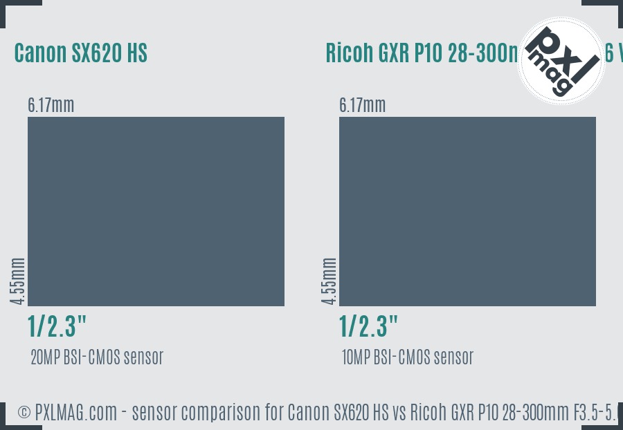 Canon SX620 HS vs Ricoh GXR P10 28-300mm F3.5-5.6 VC sensor size comparison Canon SX620 HS vs Ricoh GXR P10 28-300mm F3.5-5.6 VC sensor size comparison