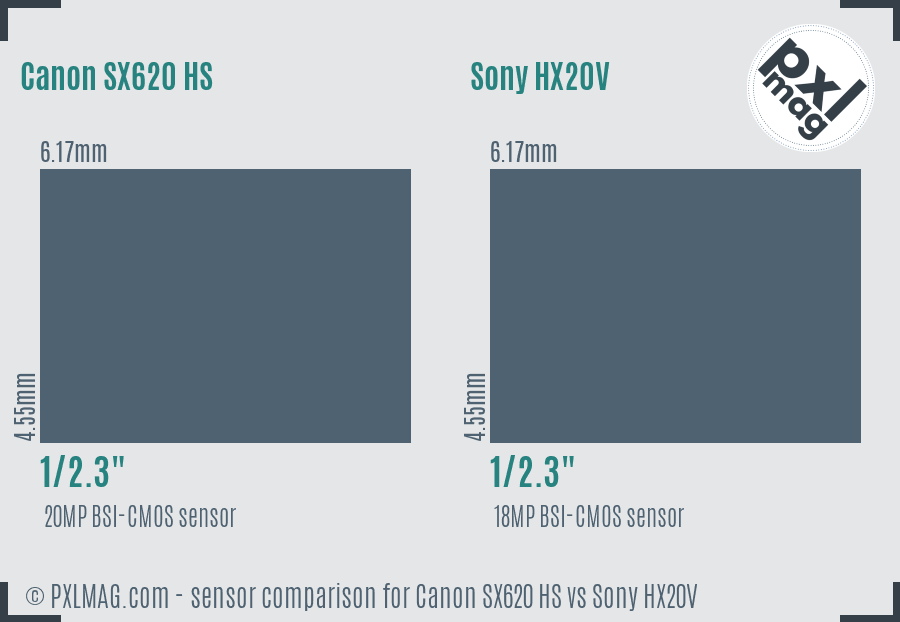 Canon SX620 HS vs Sony HX20V sensor size comparison