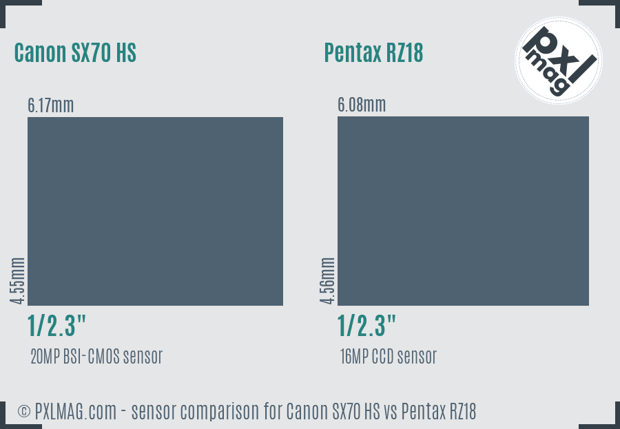 Canon SX70 HS vs Pentax RZ18 sensor size comparison
