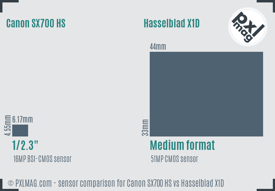 Canon SX700 HS vs Hasselblad X1D sensor size comparison