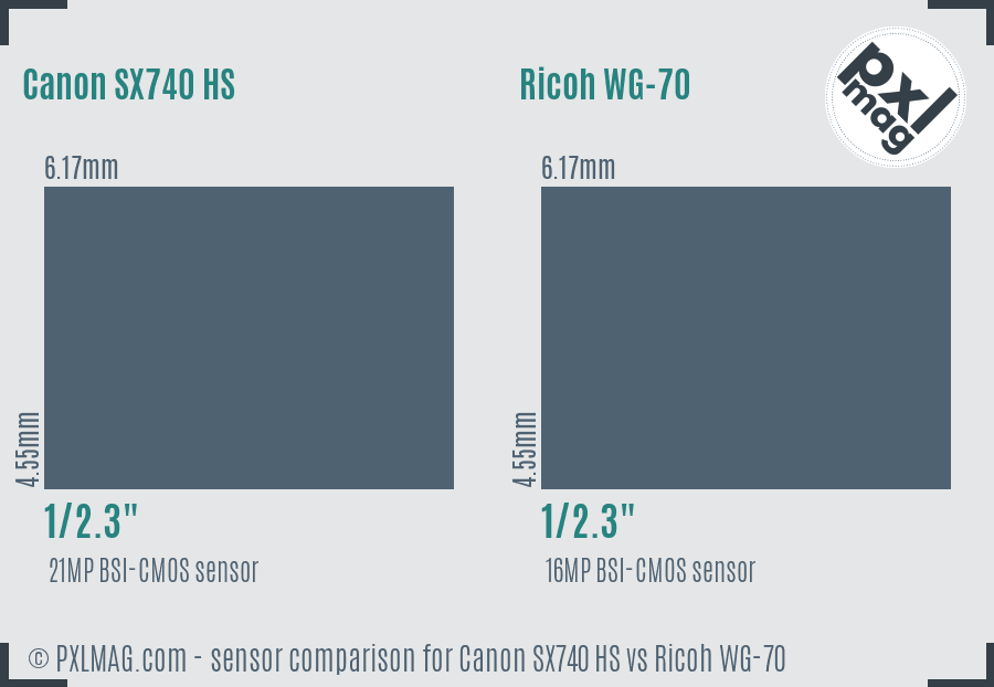 Canon SX740 HS vs Ricoh WG-70 sensor size comparison