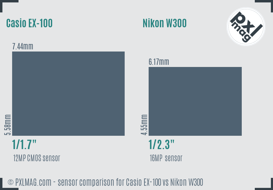 Casio EX-100 vs Nikon W300 sensor size comparison