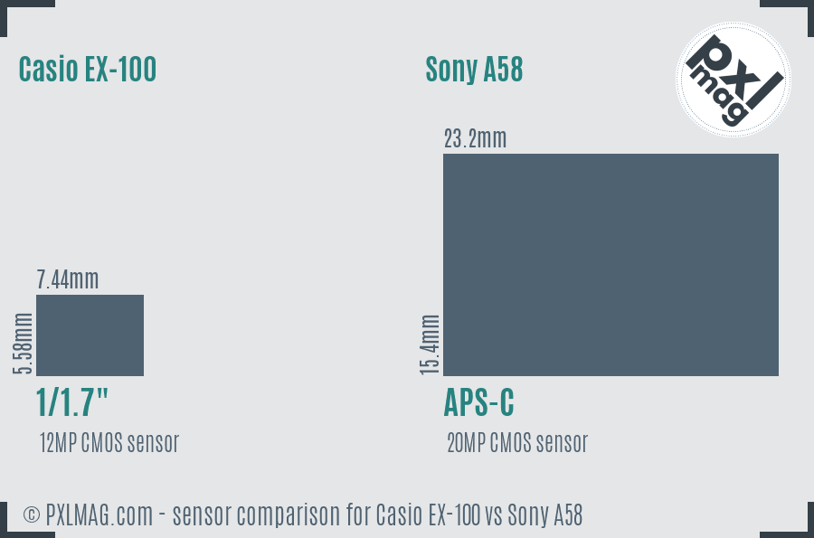 Casio EX-100 vs Sony A58 sensor size comparison