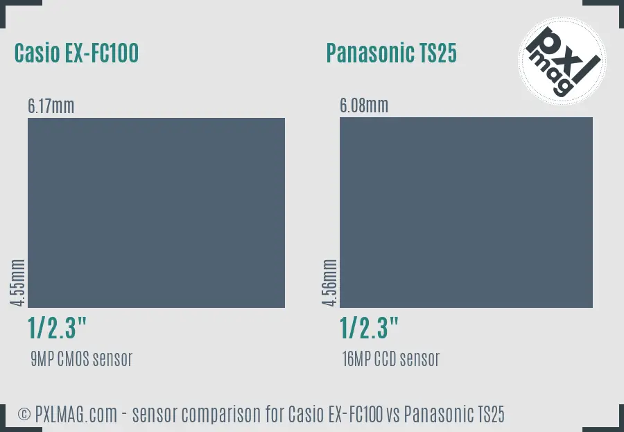 Casio EX-FC100 vs Panasonic TS25 sensor size comparison